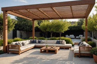 espace extérieur avec une pergola bioclimatique ombragée et accueillante