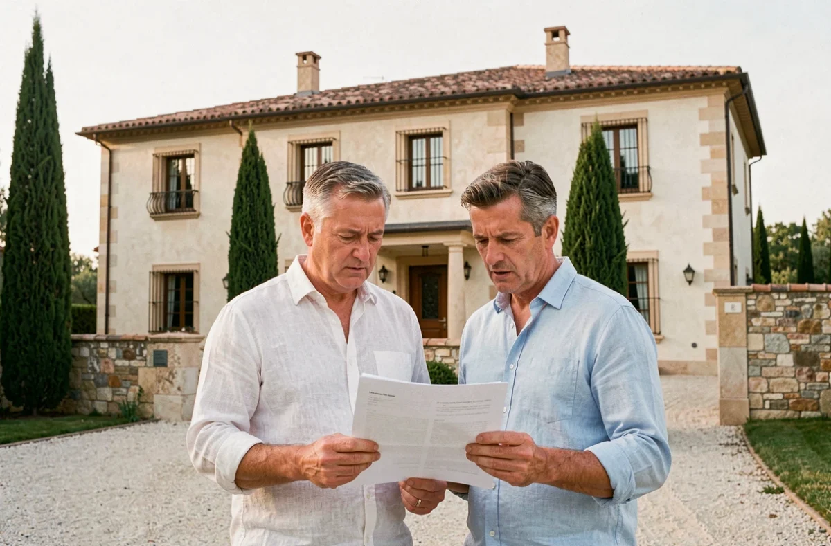 Couple d'acheteurs examinant les documents d'une villa méditerranéenne traditionnelle avec façade en pierre et toit en tuiles
