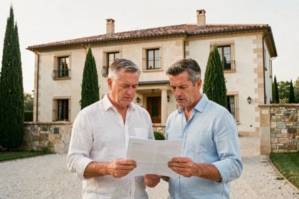 Couple d'acheteurs examinant les documents d'une villa méditerranéenne traditionnelle avec façade en pierre et toit en tuiles