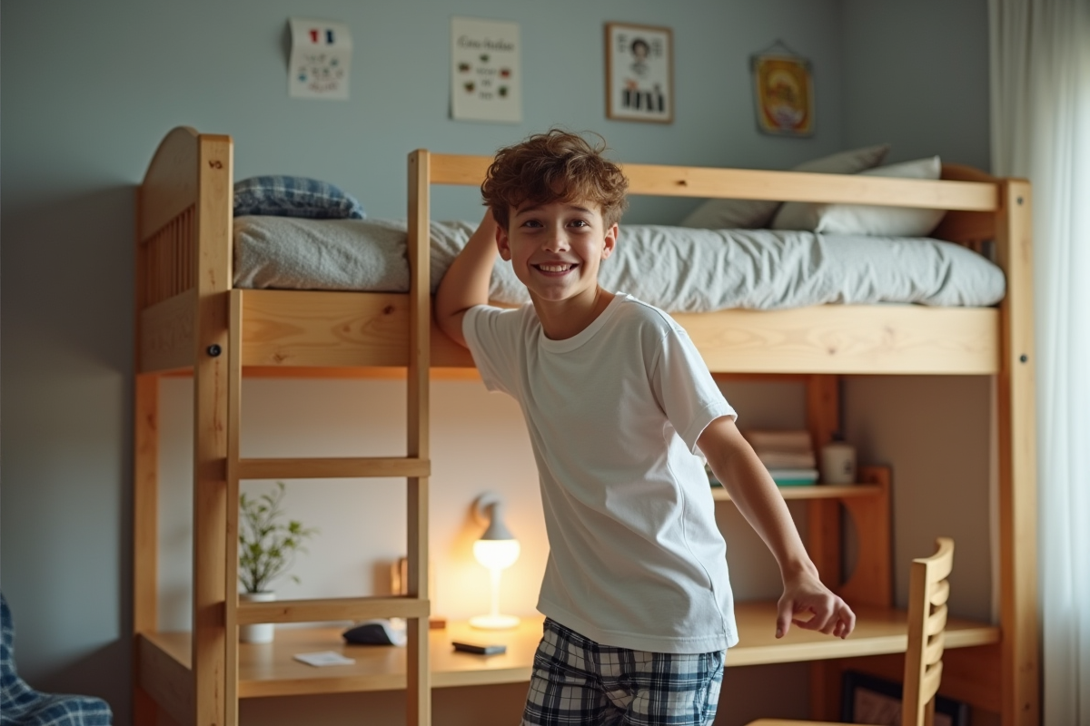 Adolescent grimpe dans son lit mezzanine lumineux