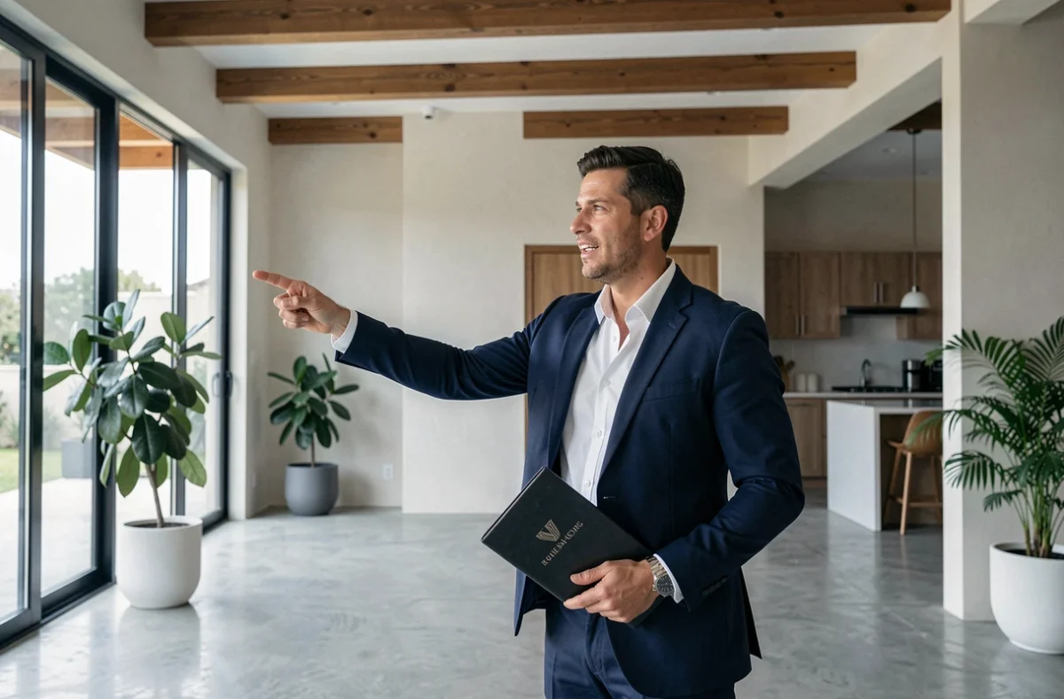 Agent immobilier présentant les caractéristiques architecturales d'une villa moderne avec grandes baies vitrées et sol en béton poli