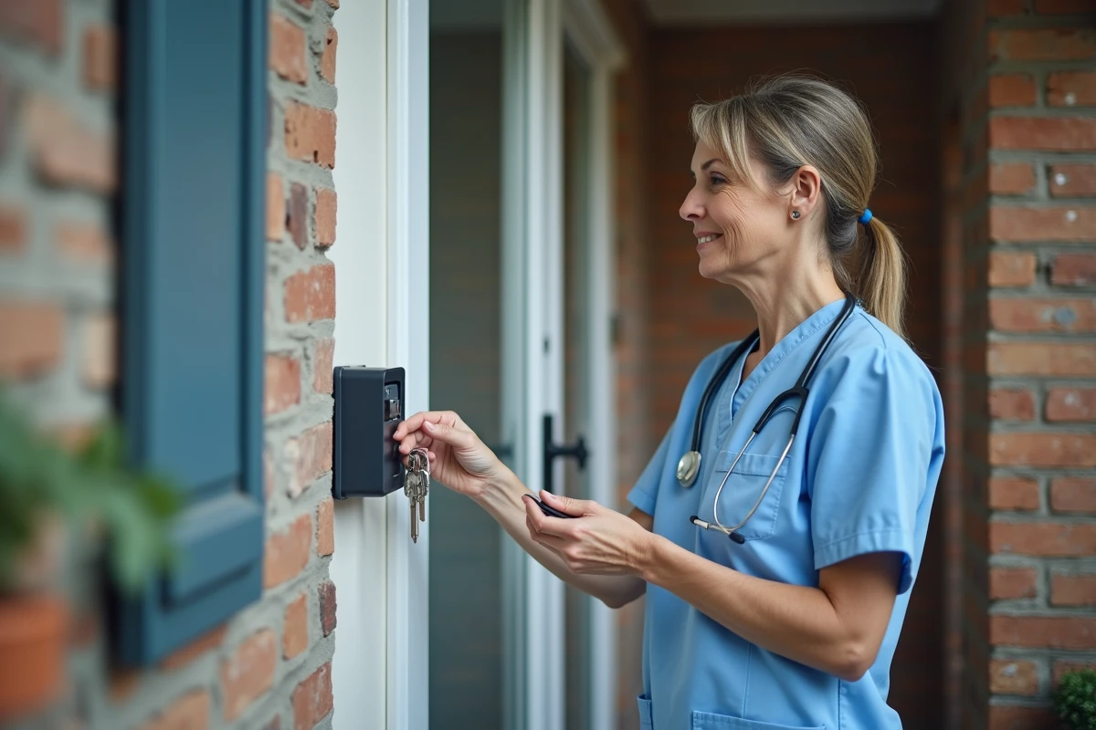 Aidante à domicile ouvrant un coffre à clé sécurisé fixé sur le mur extérieur d'une maison