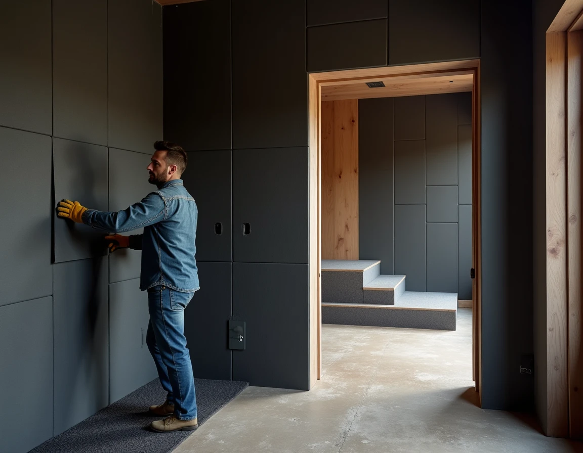 Installation de panneaux acoustiques dans une salle de cinéma maison en cours d'aménagement avec estrade en bois