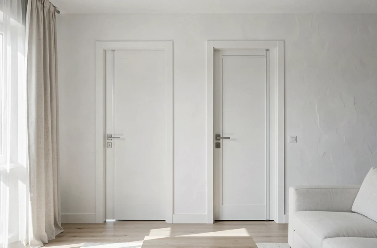 Vue large d'un salon contemporain avec deux portes blanches équipées d'anti pince doigt discrets et esthétiques