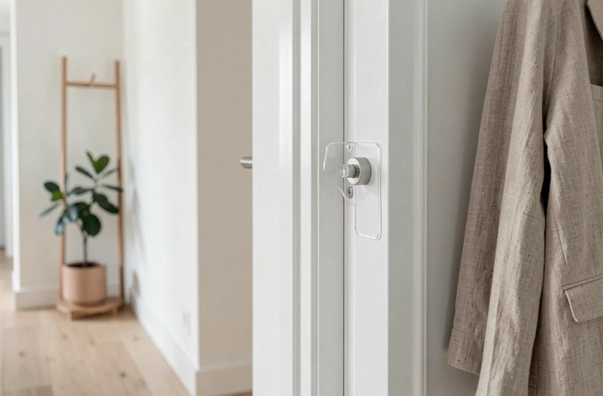 Anti pince doigt transparent installé sur une porte blanche dans un couloir scandinave moderne avec parquet clair