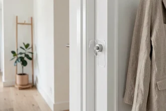Anti pince doigt transparent installé sur une porte blanche dans un couloir scandinave moderne avec parquet clair
