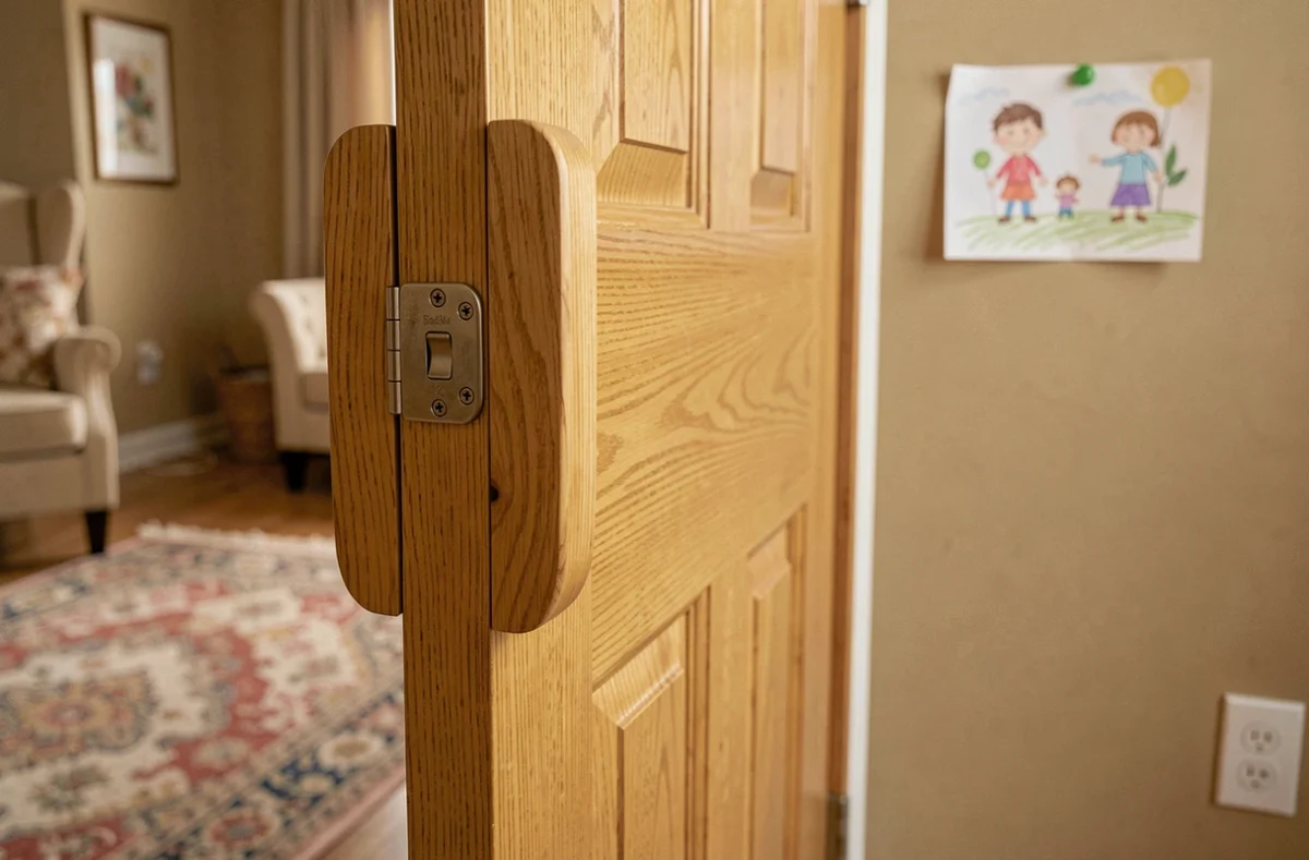 Protège doigt couleur bois installé sur une porte en chêne naturel dans un intérieur familial chaleureux
