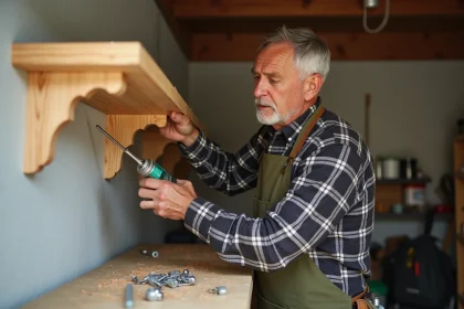 Homme appliquant de la colle Ni Vis Ni Clou sur une équerre en bois dans un atelier de bricolage