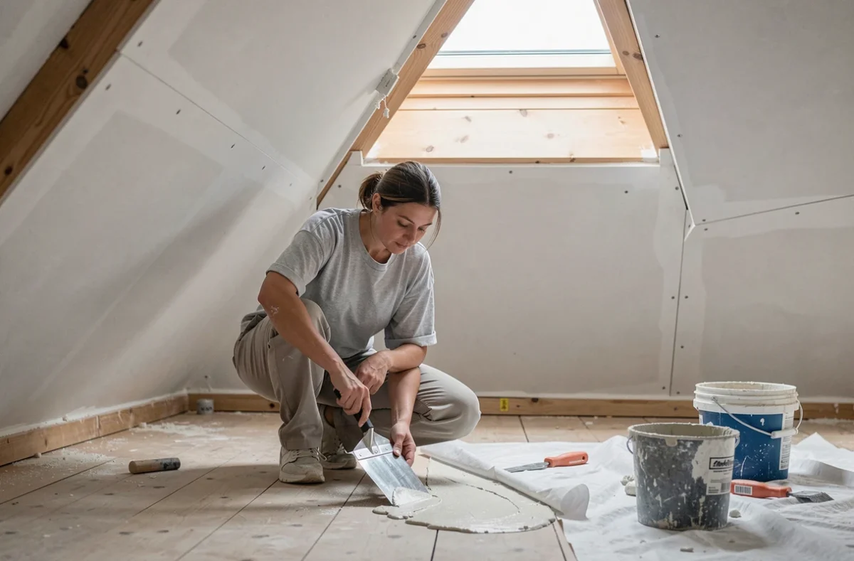 Femme appliquant un enduit souple sur le joint entre le chevêtre Velux 78x98 et le placo incliné pour prévenir les fissures