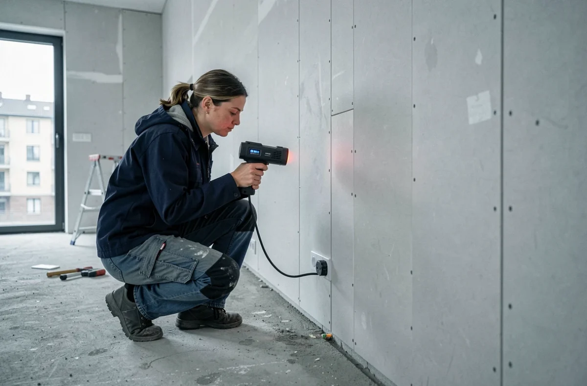 Architecte inspectant les ponts thermiques d'un doublage placo avec une caméra thermique dans un appartement en rénovation