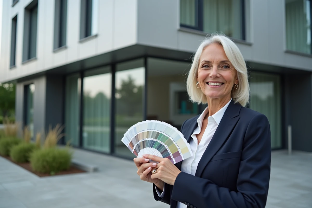 Architecte présentant un échantillon de couleur RAL 9006 en extérieur