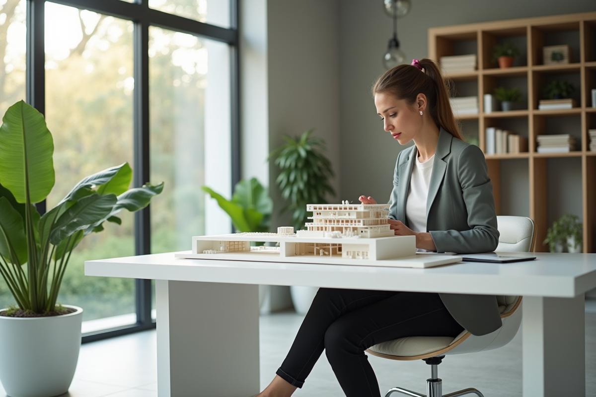 Architecte examinant un modele 3D d un batiment durable