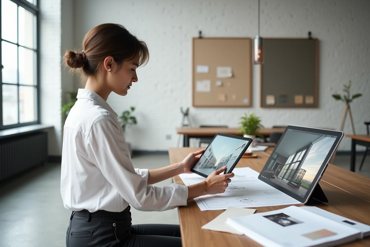 Architecte d'intérieur utilisant une tablette pour visualiser un bien immobilier neuf avec l'application lamaison360