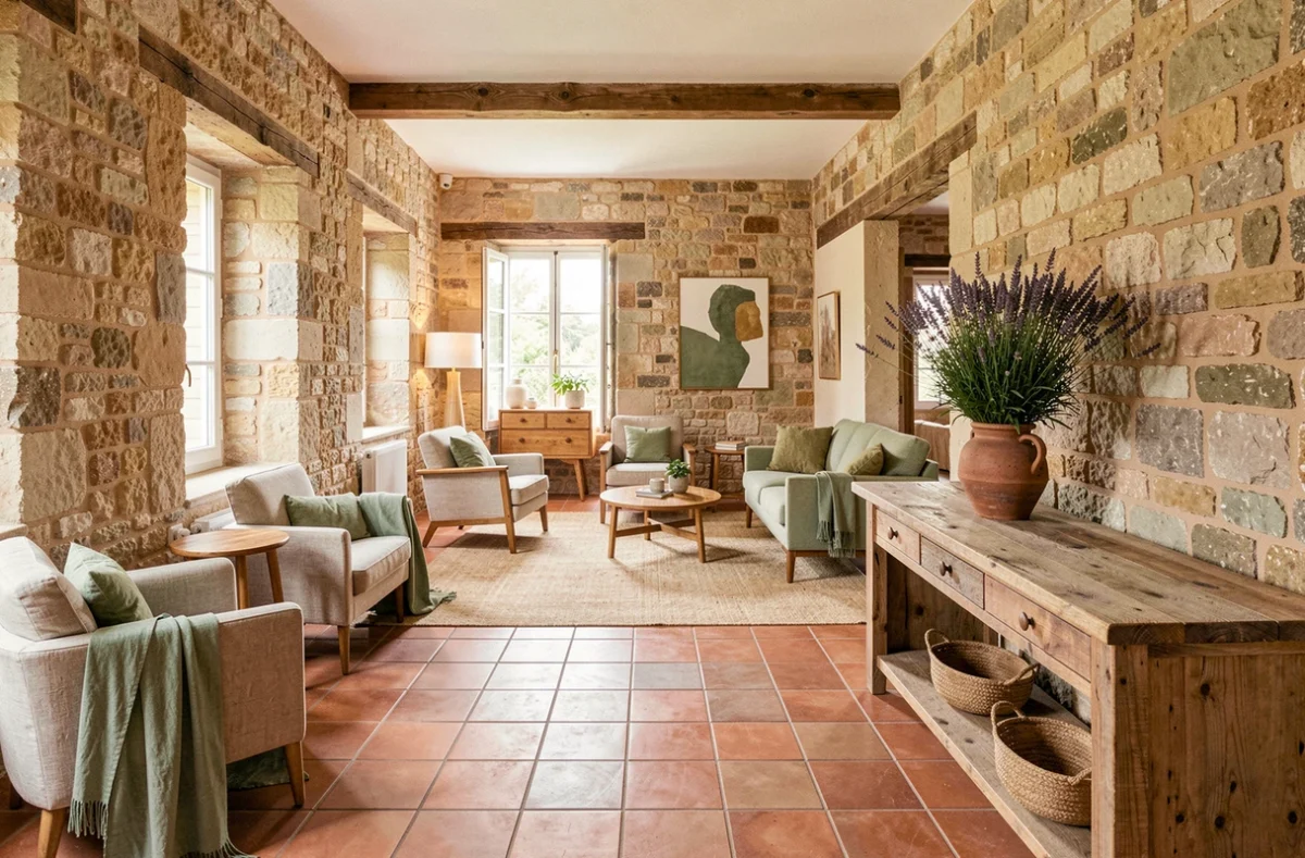 Showroom d'architecture d'intérieur en Provence-Alpes-Côte d'Azur mêlant pierres apparentes, carrelage en terre cuite et mobilier contemporain