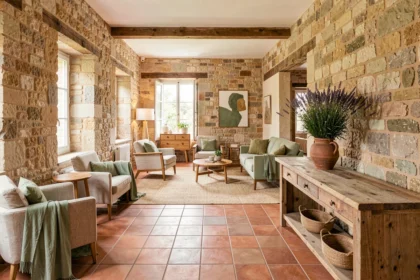 Showroom d'architecture d'intérieur en Provence-Alpes-Côte d'Azur mêlant pierres apparentes, carrelage en terre cuite et mobilier contemporain