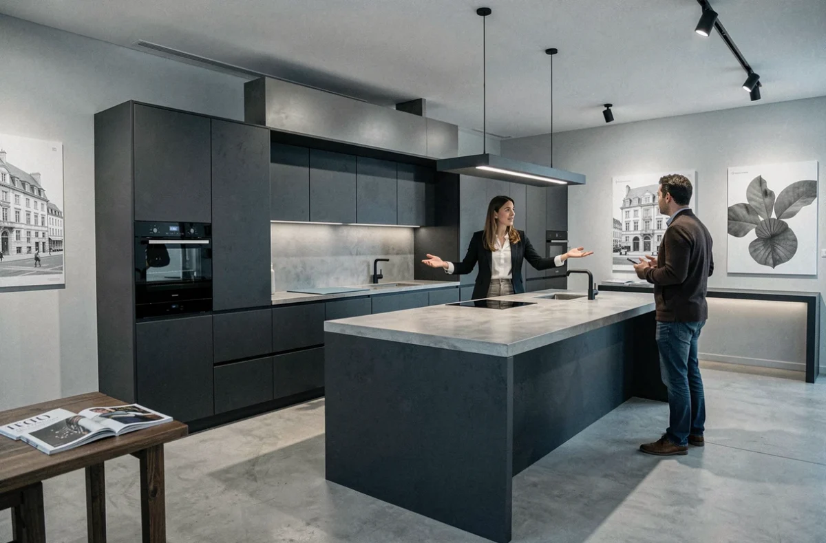 Designer Arthur Bonnet Chartres présentant une cuisine architecturale anthracite à un client dans un showroom design