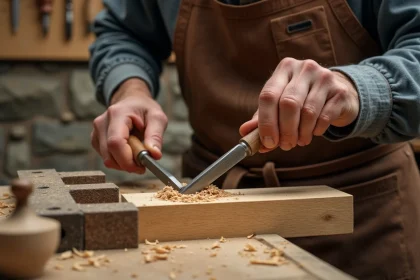 Artisan en atelier tenant une gouge à bois japonaise sur un établi en chêne, copeaux de bois autour
