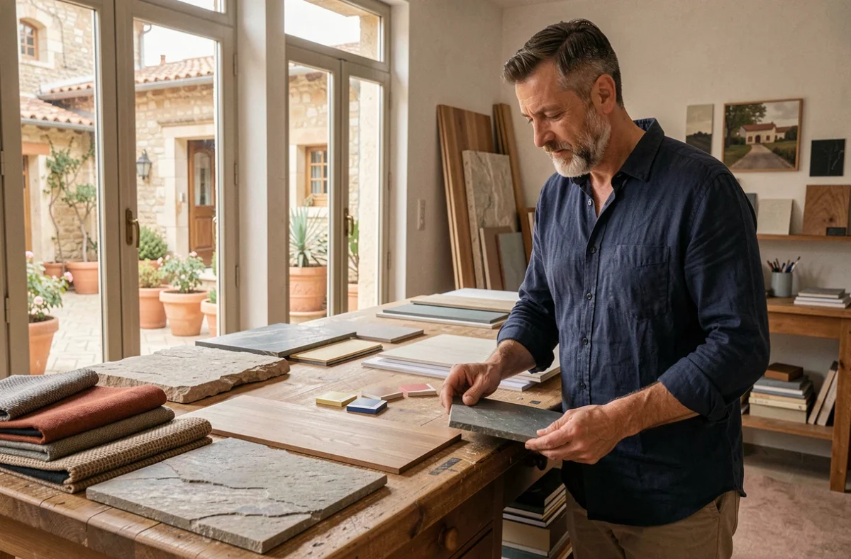Atelier d'architecte avec échantillons de matériaux sur table en chêne et vue sur cour provençale