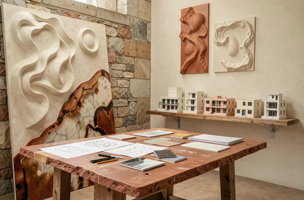 Atelier créatif d'Atelier Plasticus avec reliefs muraux en plâtre, œuvre en résine grand format et table de travail en céramique bord brut