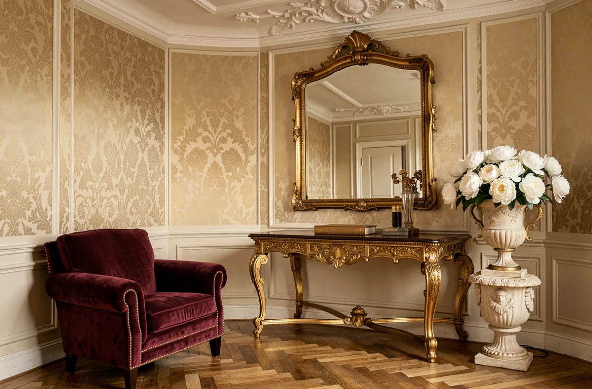 Vignette intérieure luxueuse de Babeth - Royale en Haute-Savoie, avec fauteuil en velours bordeaux et console dorée