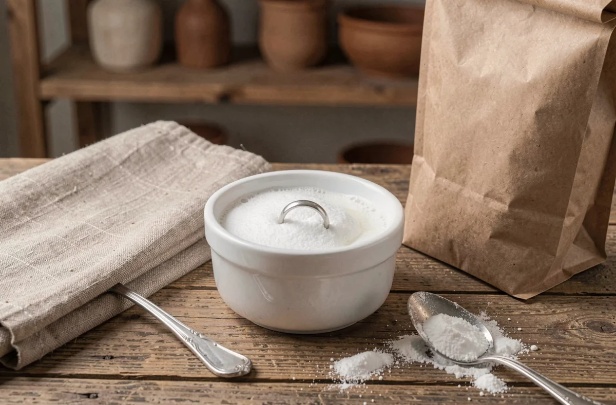 Bague en argent dans un ramequin avec solution de bicarbonate de soude pour nettoyage maison, sur une table en bois rustique