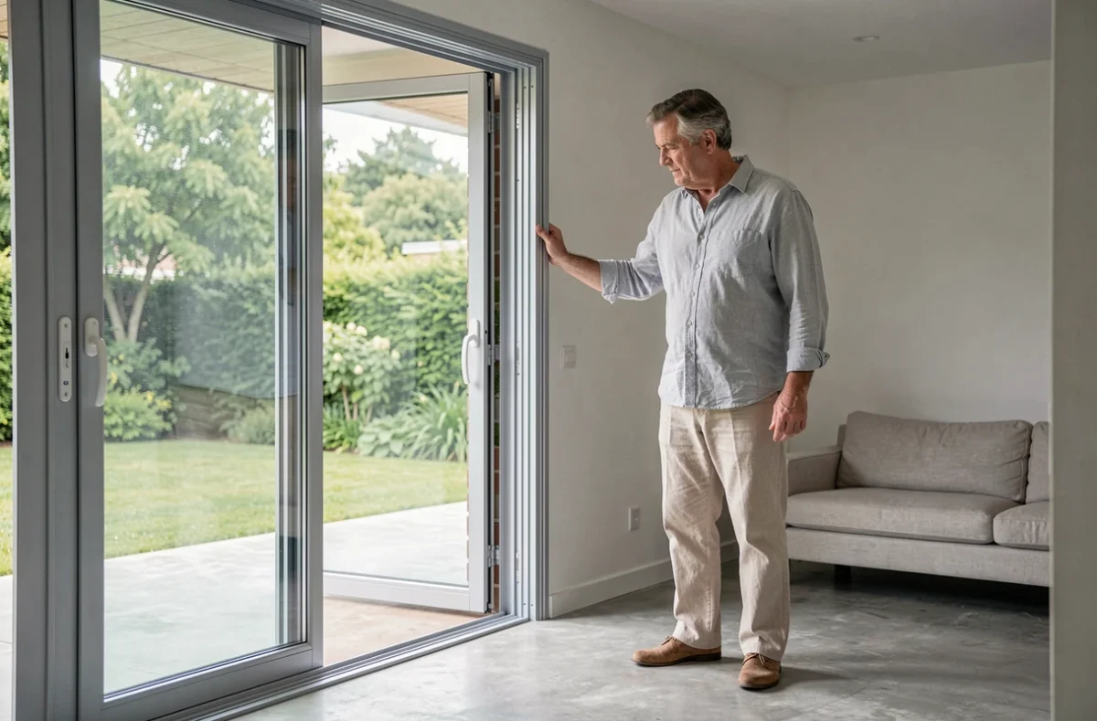 Homme inspectant une baie vitrée coulissante en aluminium de 4 mètres dans un salon moderne avec vue sur jardin