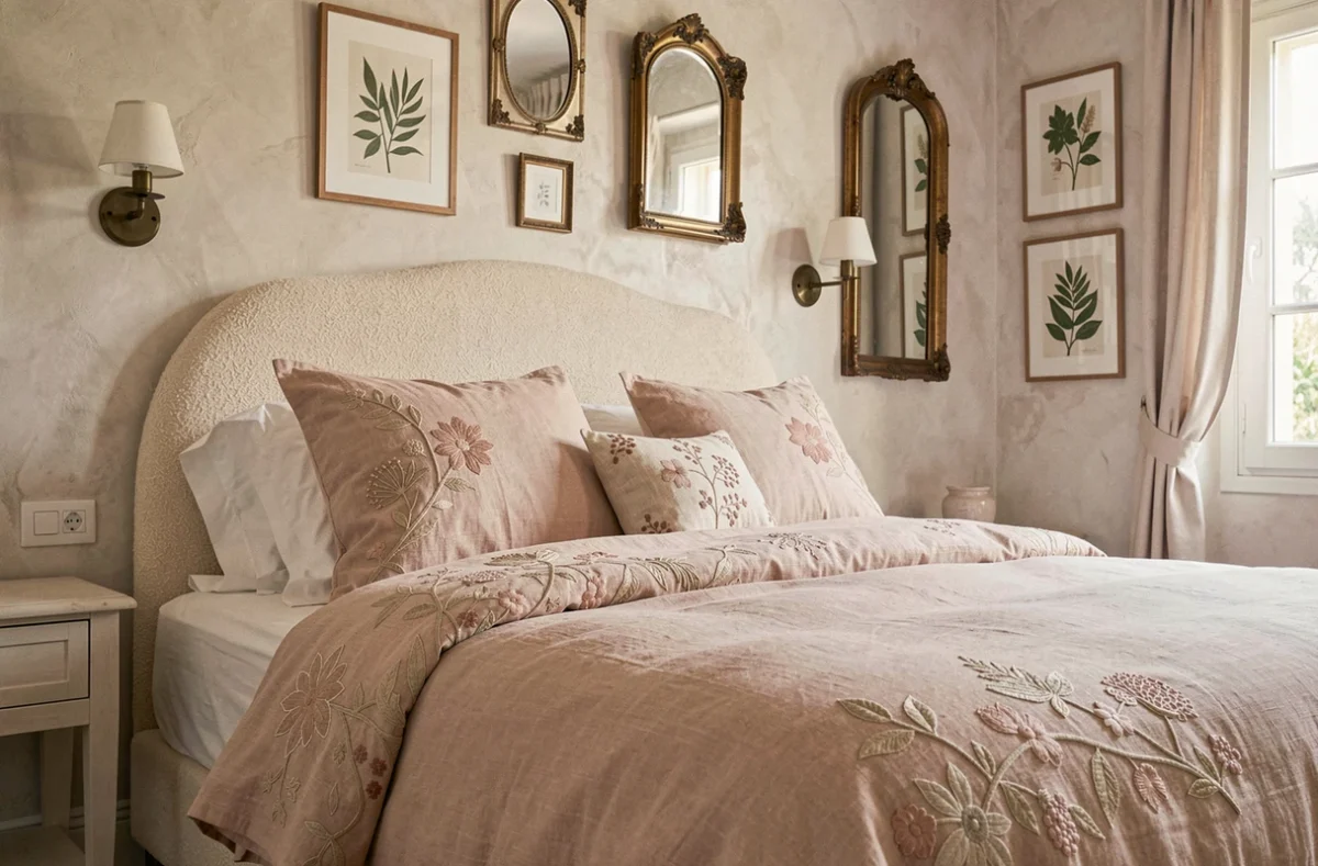 Chambre haut de gamme Côte d'Azur réalisée par Béatrice Recoing avec linge brodé, tête de lit en bouclette et miroirs anciens sur mur en badigeon