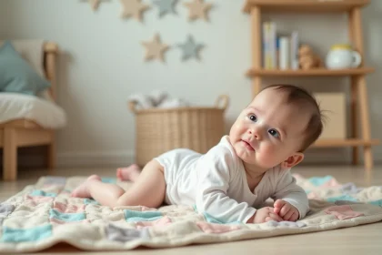 Bébé curieux dans un lit en patchwork dans une nurserie chaleureuse