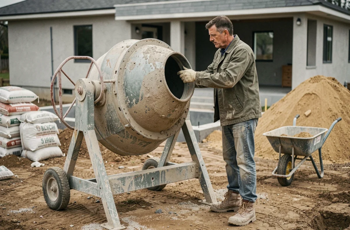 Ouvrier utilisant une bétonnière pour doser et mélanger une chape maigre sur un chantier résidentiel