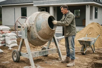 Ouvrier utilisant une bétonnière pour doser et mélanger une chape maigre sur un chantier résidentiel