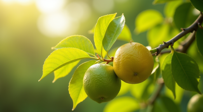 Branche de citronnier sain avec feuilles vertes lumineuses