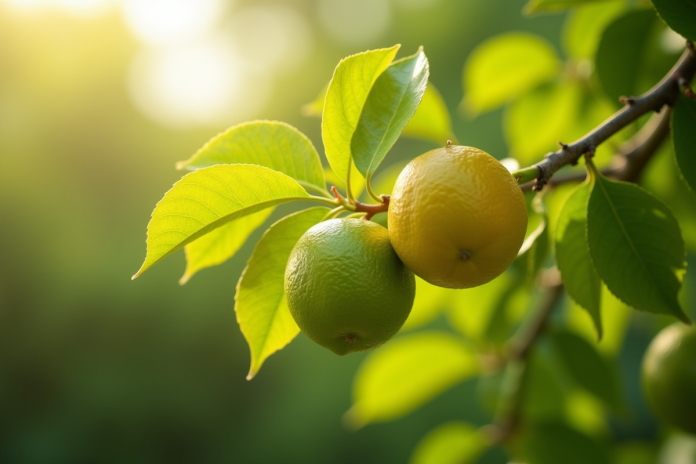 Branche de citronnier sain avec feuilles vertes lumineuses