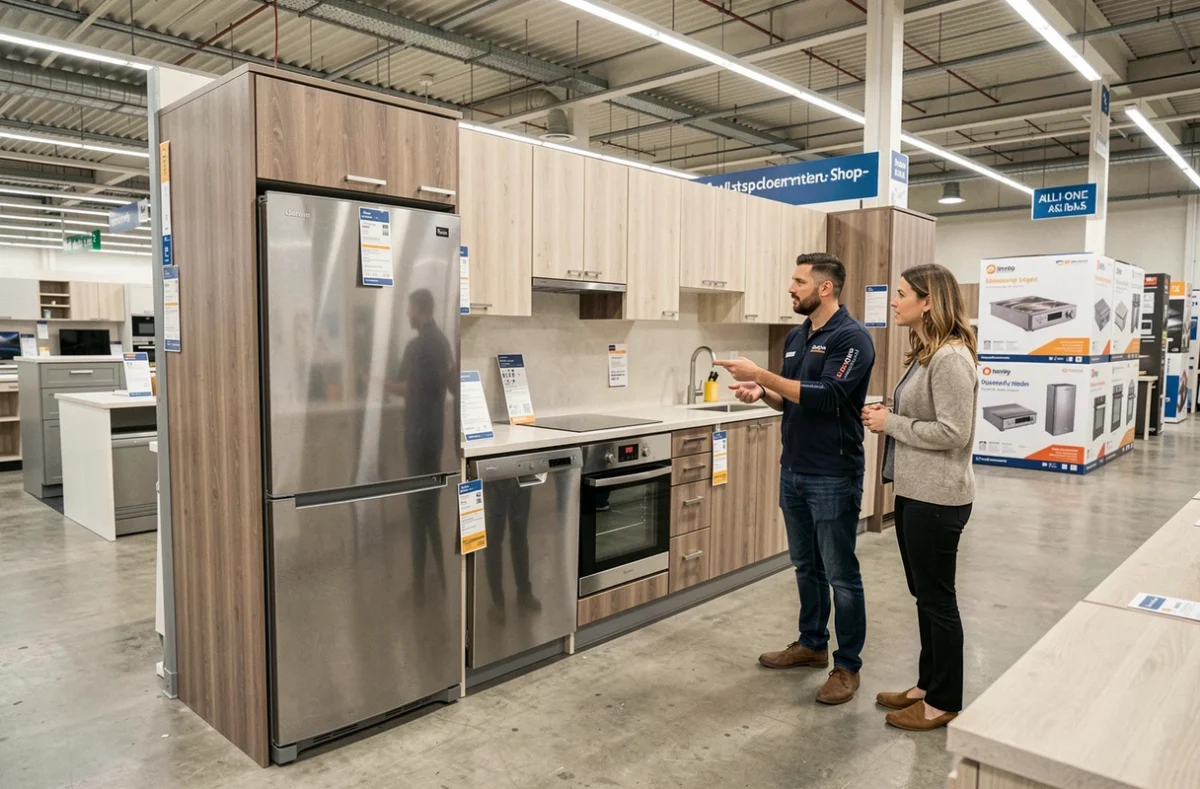 Vendeur But Chartres présentant une cuisine équipée avec électroménager intégré à un couple dans le magasin