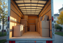 Camion de déménagement organisé avec boîtes empilées en lumière naturelle