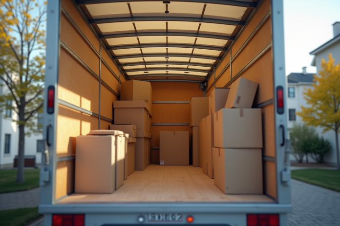 Camion de déménagement organisé avec boîtes empilées en lumière naturelle