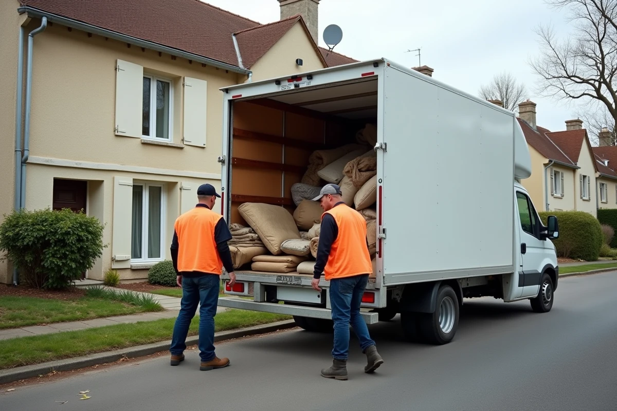 Camion de débarras devant une maison avec chargement de meubles et objets encombrants sur la voie publique