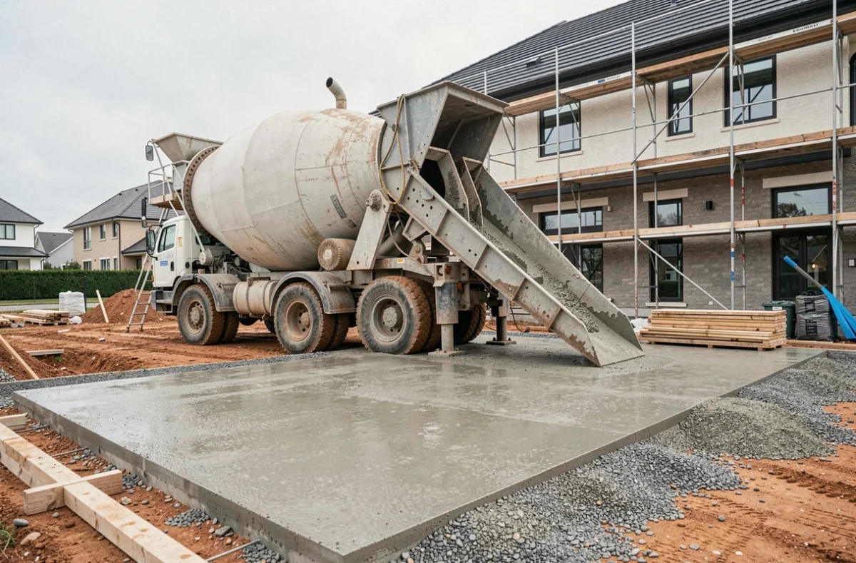 Camion toupie déversant du béton pour la réalisation d'une dalle de chape sur un chantier de maison individuelle