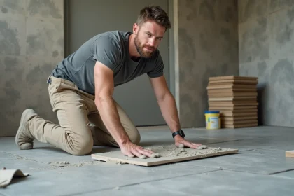Carreleur professionnel posant un grand carrelage en grès cérame sur un sol en construction avec spatule et colle à carrelage