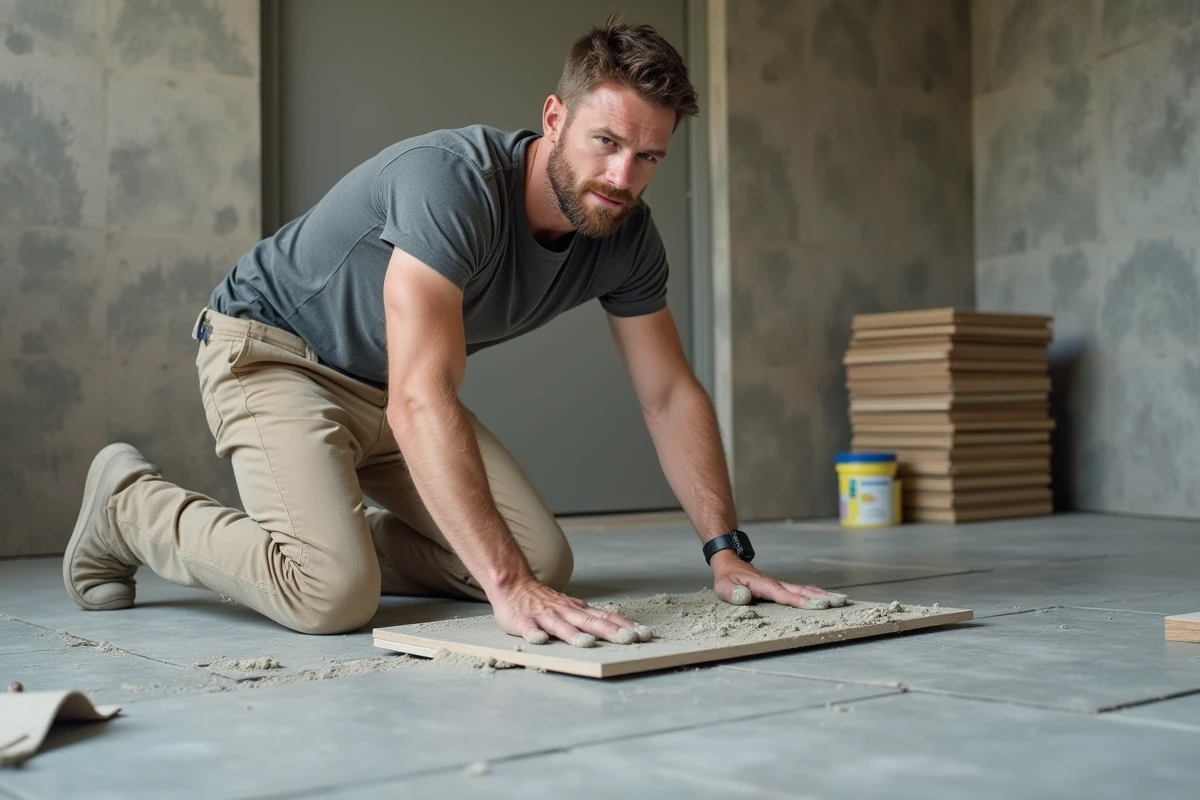 Carreleur professionnel posant un grand carrelage en grès cérame sur un sol en construction avec spatule et colle à carrelage