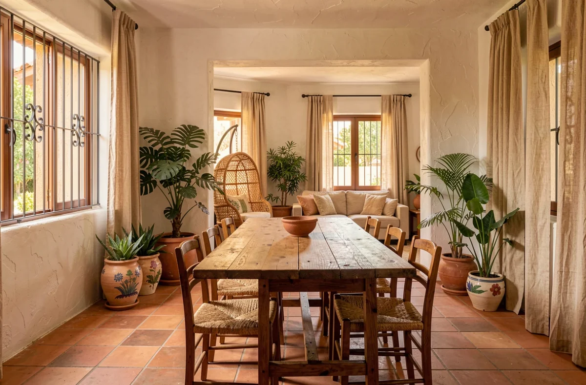 Intérieur chaleureux et méditerranéen aménagé par Casavog en Haute-Savoie, avec carrelage en terre cuite et chaise suspendue en rotin