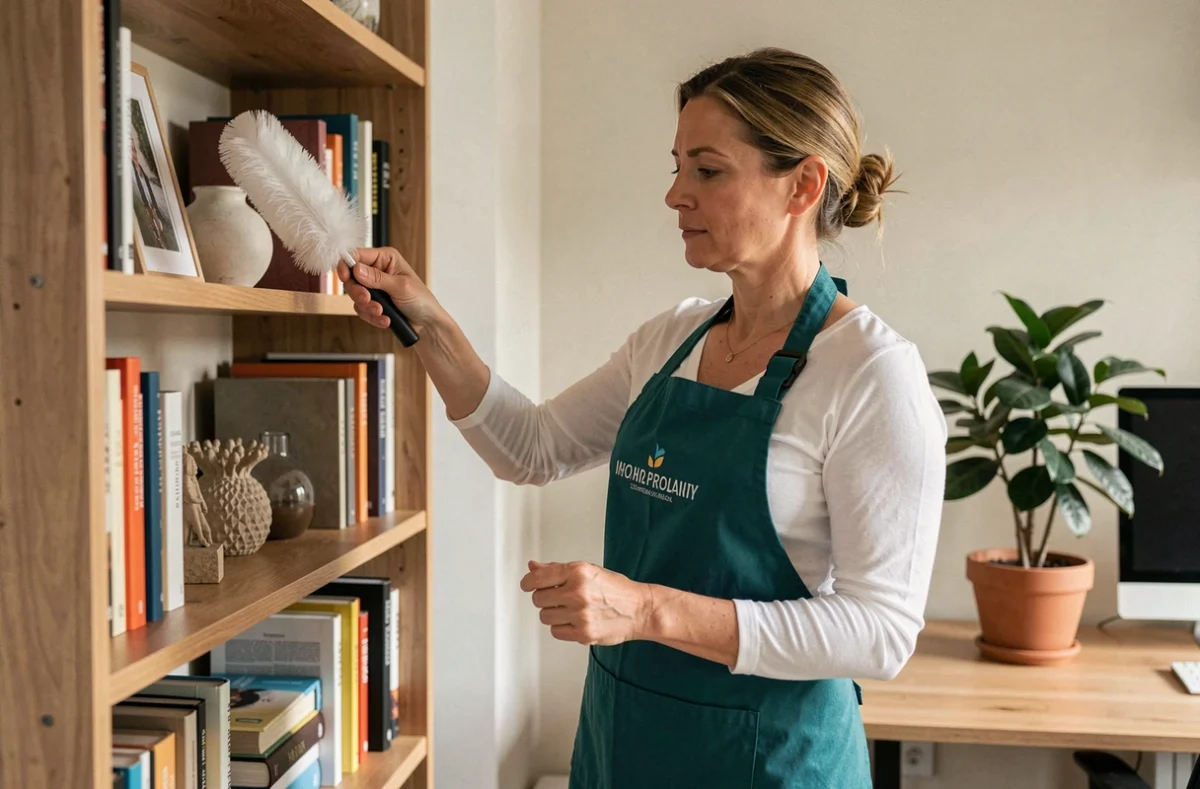 Employée de Centre Services Strasbourg dépoussiérant une bibliothèque dans un appartement contemporain