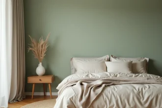 Chambre adulte aux murs peints en vert sauge mat avec peinture bio, literie en lin beige et parquet bois naturel