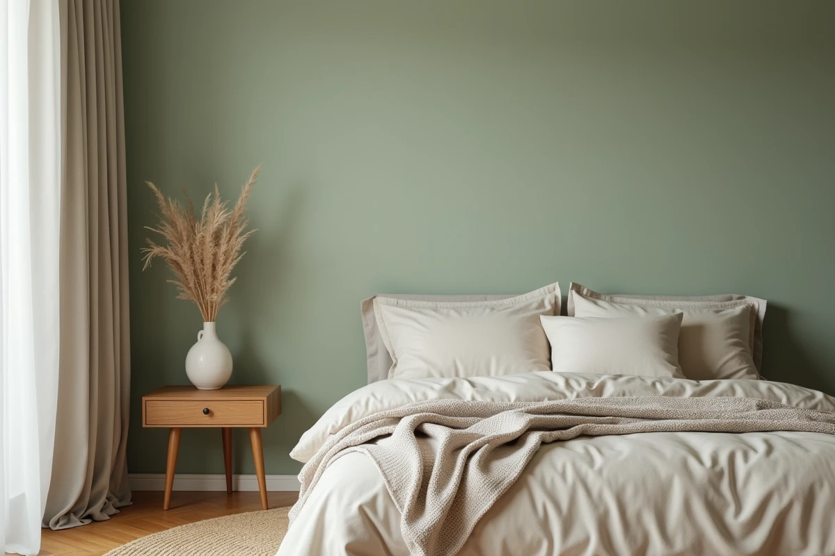Chambre adulte aux murs peints en vert sauge mat avec peinture bio, literie en lin beige et parquet bois naturel
