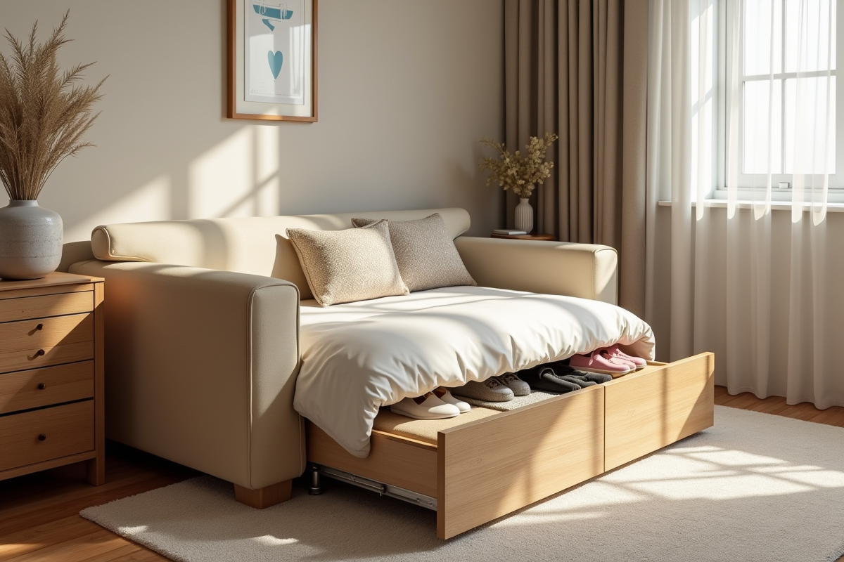 Chambre cosy avec canapé-lit et tiroirs de rangement ouverts