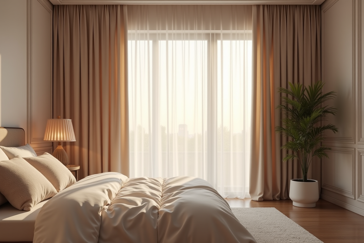 Chambre sereine avec rideaux occultants et lit bien fait