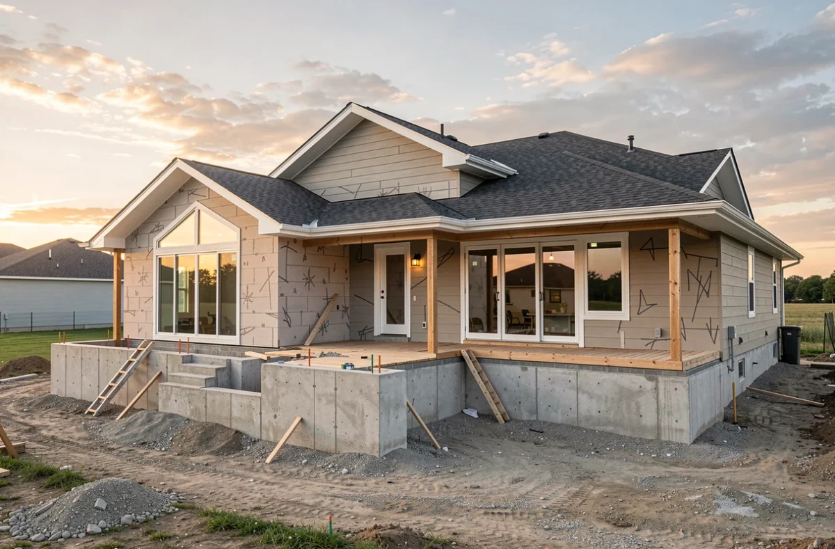 Chantier d'une maison neuve avec fondations et premiers murs