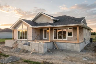 Chantier d'une maison neuve avec fondations et premiers murs