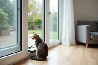 Chatière amovible installée dans une porte-fenêtre coulissante en PVC blanc avec des joints d'étanchéité usés laissant passer l'air froid