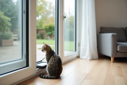 Chatière amovible installée dans une porte-fenêtre coulissante en PVC blanc avec des joints d'étanchéité usés laissant passer l'air froid