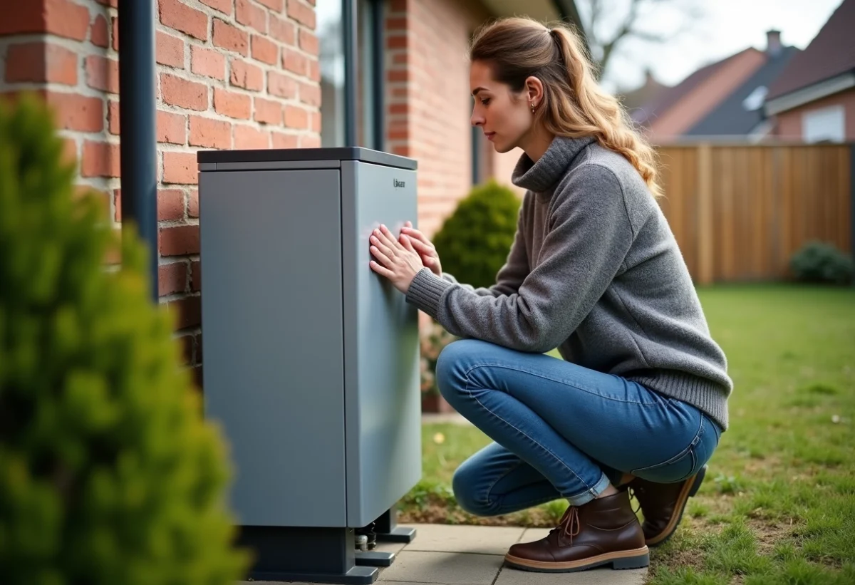 Femme près d'une pompe à chaleur moderne dans un jardin
